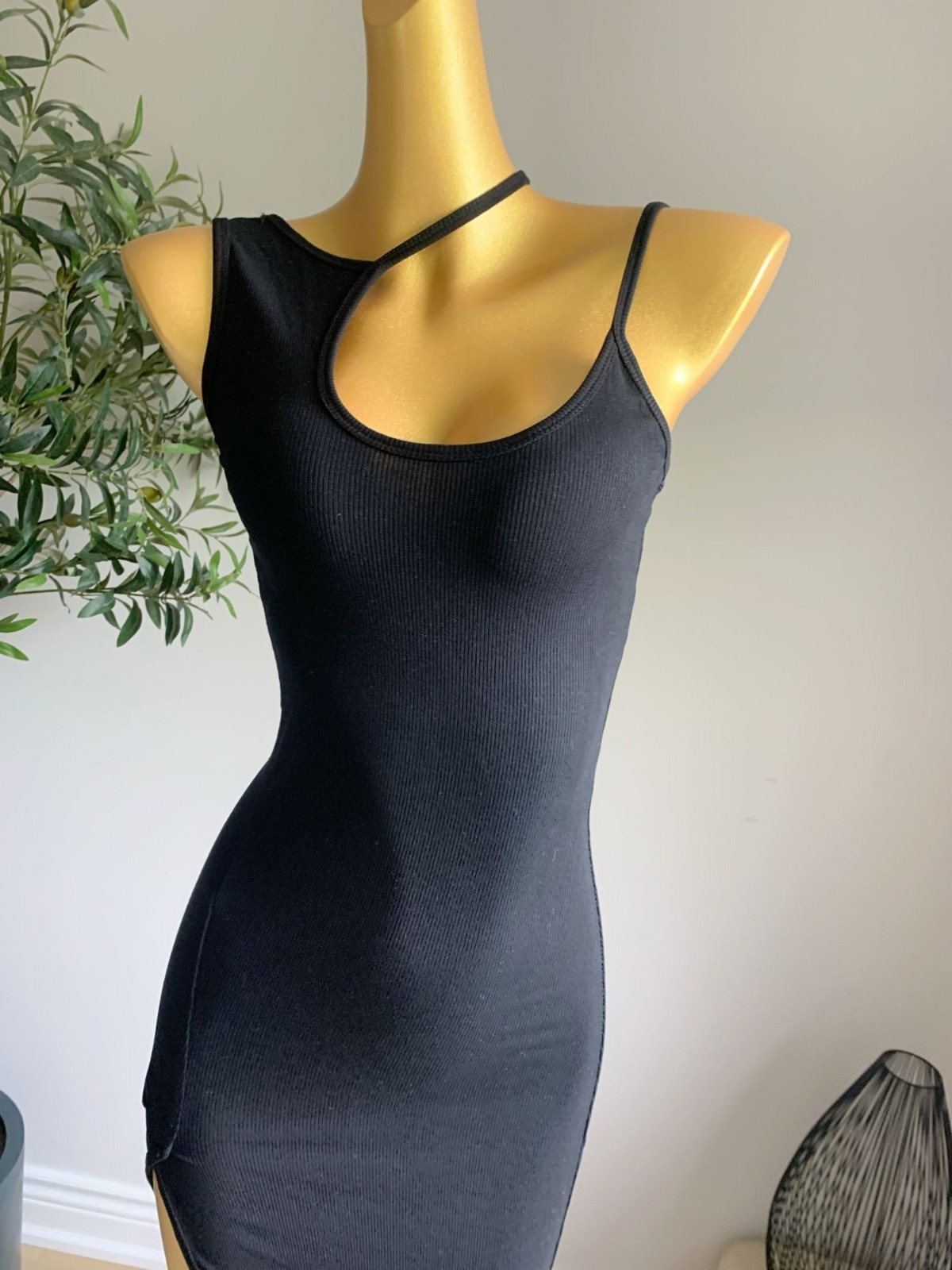 Black Ribbed Asymmetrical Bodycon Midi Dress Side Slit S
