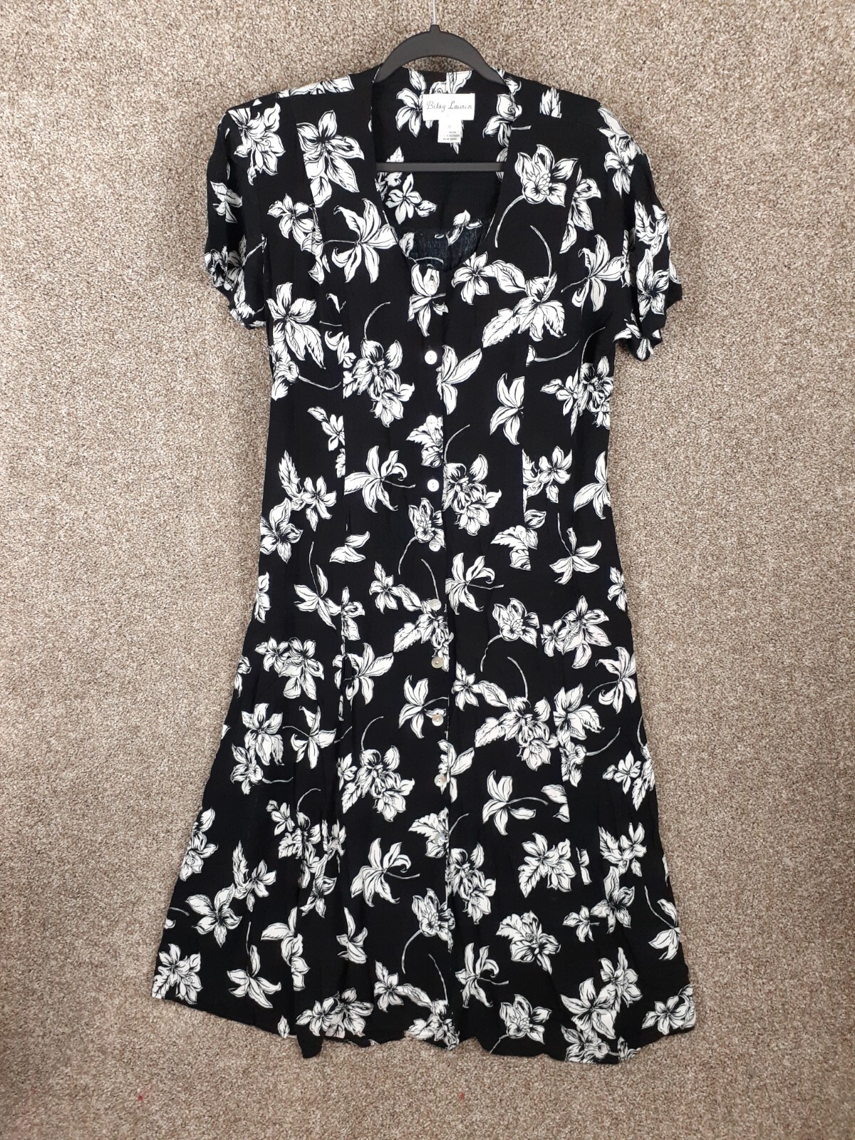Vtg Betsy Lauren Floral Midi Dress Womens 10 Black White Short Sleeve Button