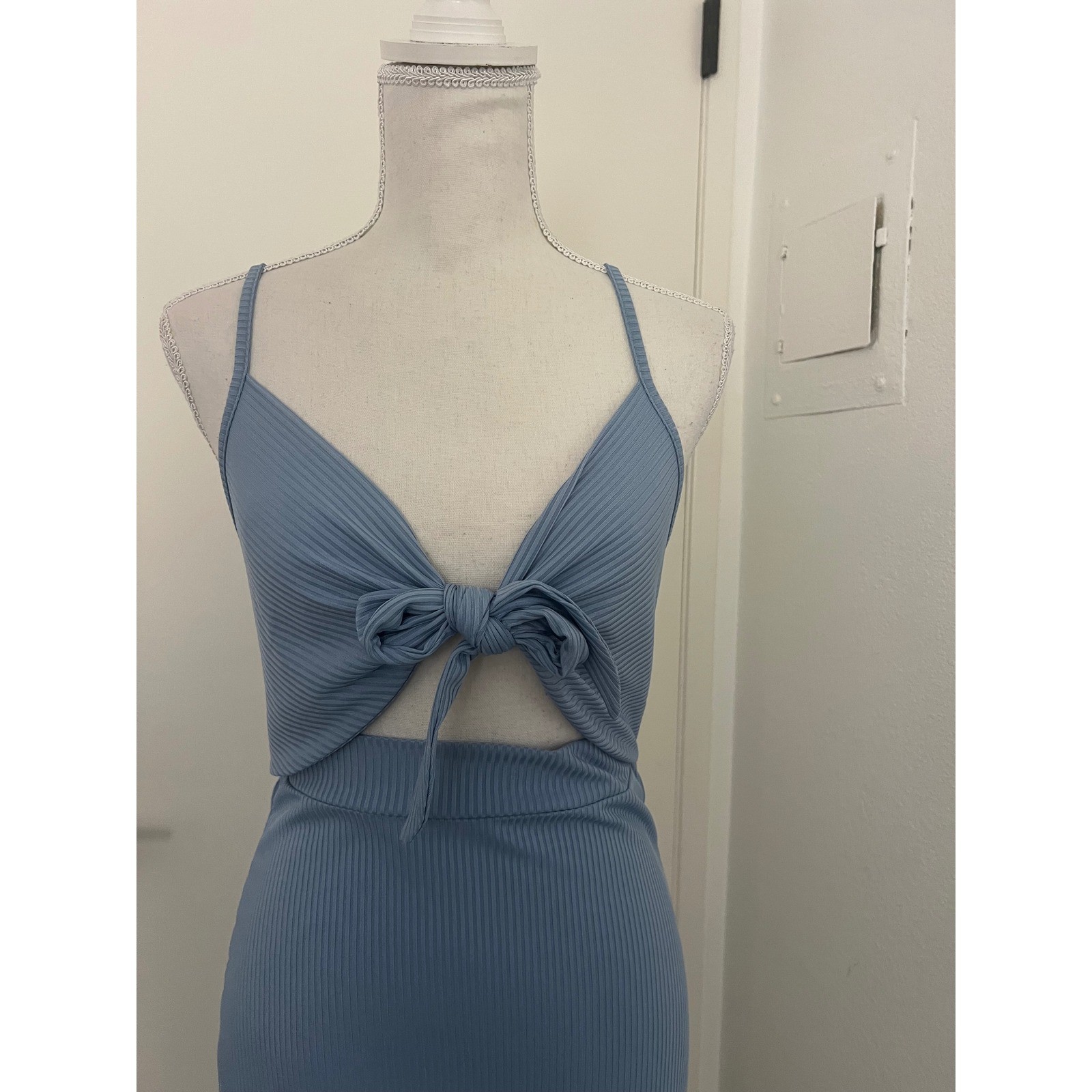 LYANER Light Blue Ribbed Tie Front Cutout Maxi Dress Small Side Slit Bodycon