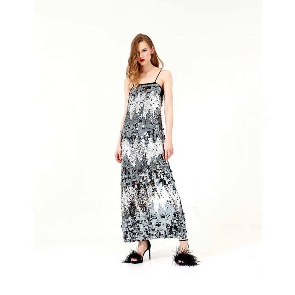 Le’ AL.X Mixed Sequin Square Neck Sleeveless Spaghetti Strap Maxi Dress Disco