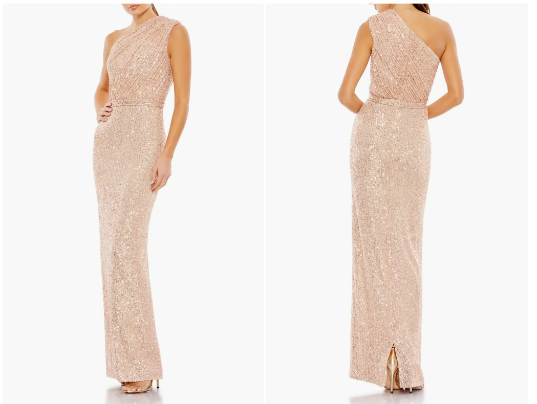 MAC DUGGAL 26694 SEQUIN RUCHED ONE SHOULDER ROSE PINK GOWN sz 10