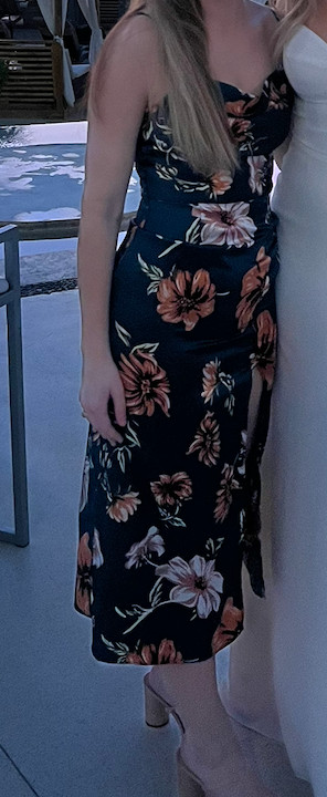 xs satin, floral dress, deep green, beachy, cocktail