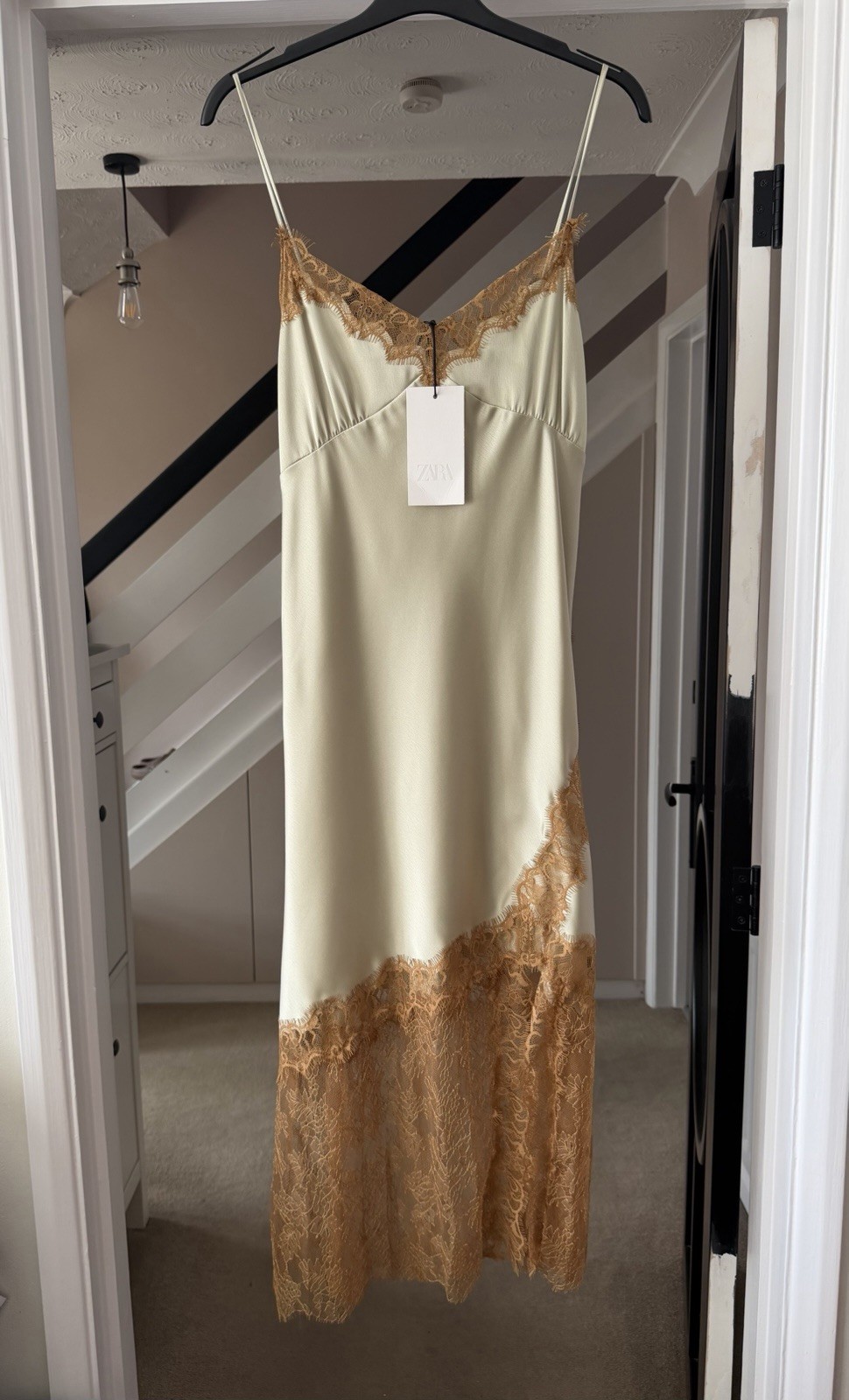 ZARA ZW Collection Sea Green Satin Lace Slip Camisole Midi Dress Size L 2678/048