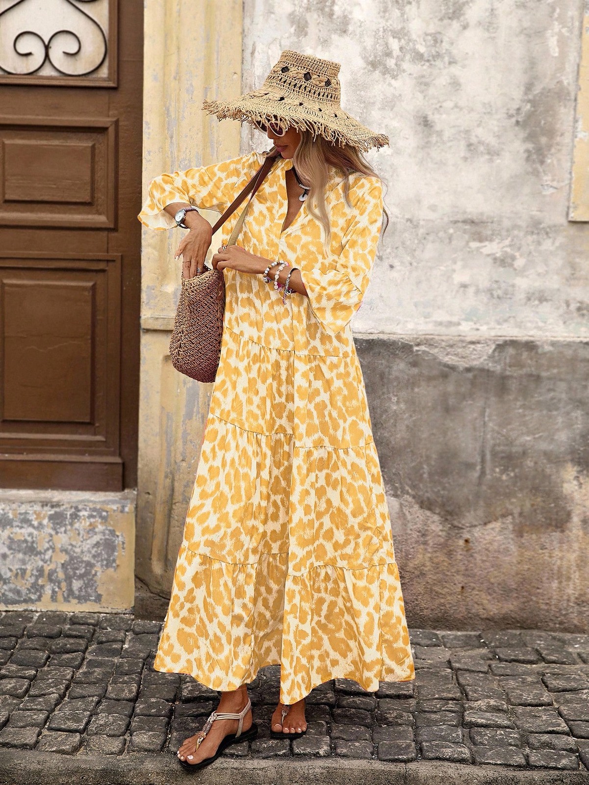 Cute Women’s Yellow Ruffle Hem Long Dress