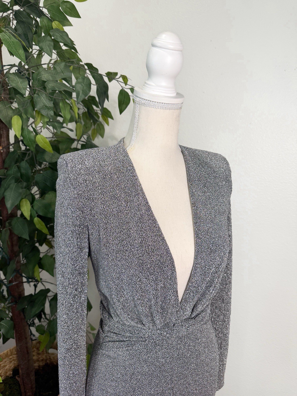 ZARA Silver Metallic V-Neck Bodycon Mini Dress Size S