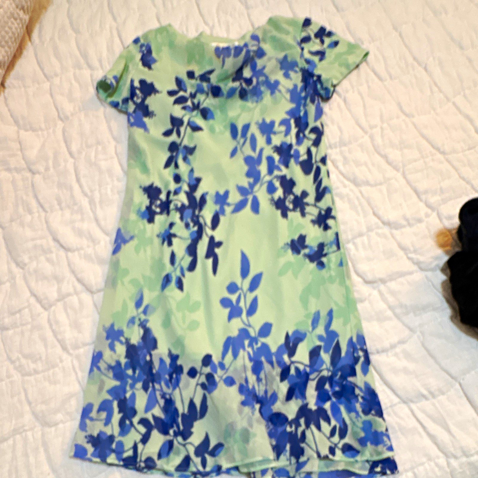Coldwater Creek Green Blue Floral A-Line Scoop Neck Chiffon Zip Dress 6P