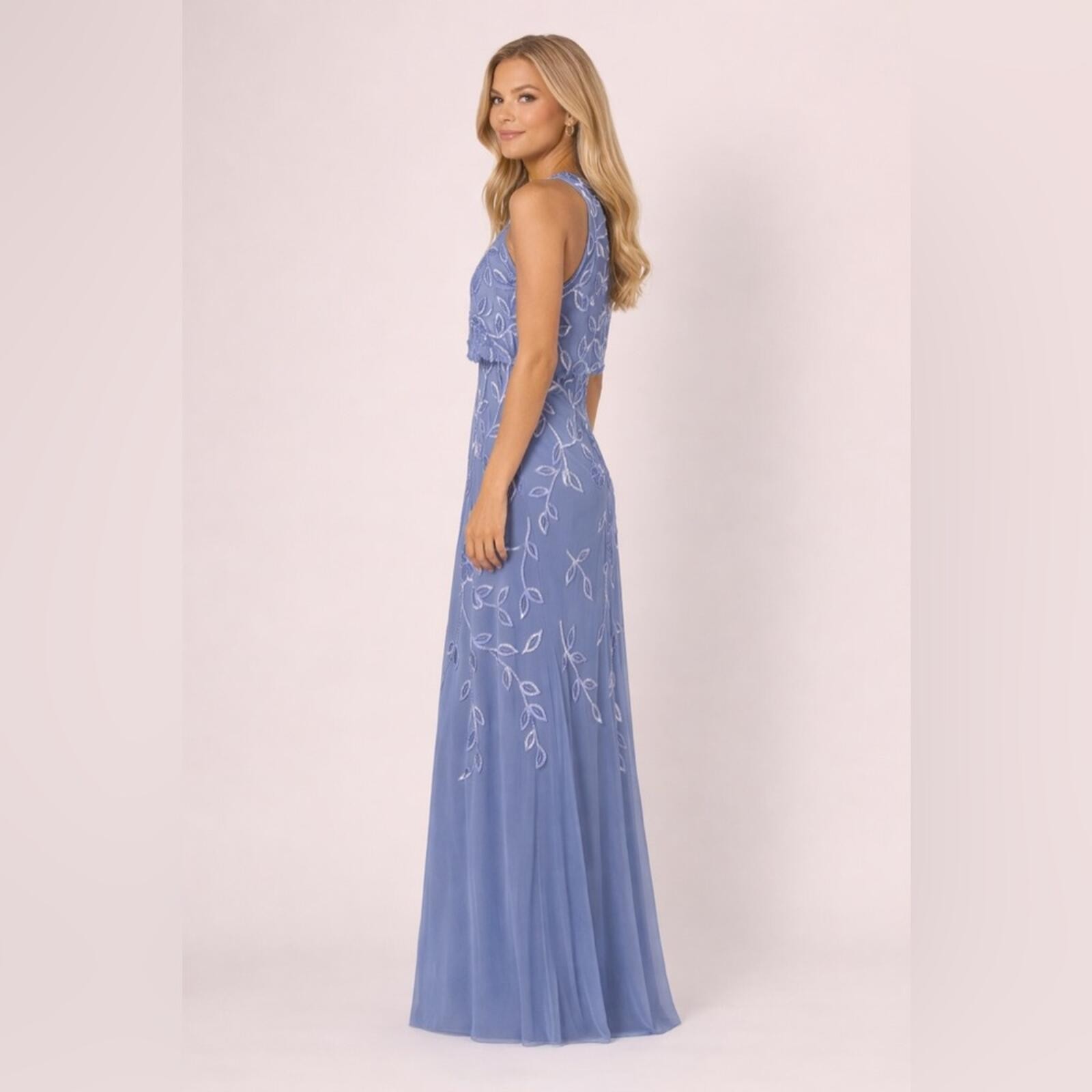 Adrianna Papell Beaded Mesh Gown Blue Floral Formal Bridesmaid SZ 8 NWT Blouson