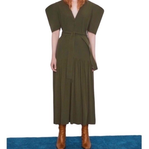 Zara Womens Olive Green Puff Sleeve V-Neck Midi Cotton Poplin Dress Size S