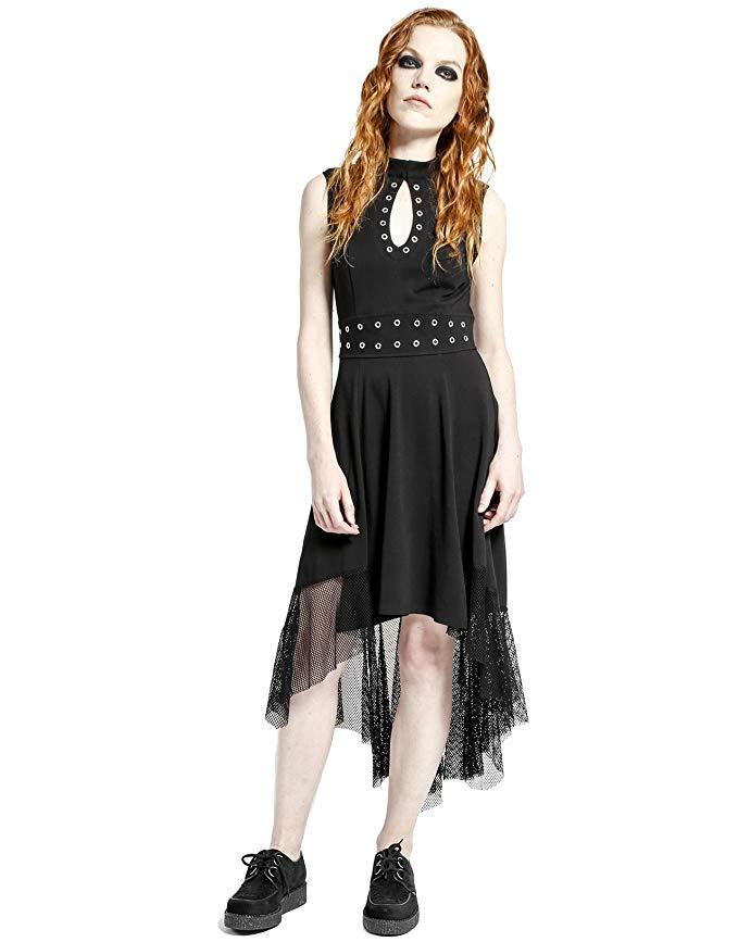 TRIPP NYC Gothic Punk Rock Star Vampire Black Hi Lo Eyelet Black Dress CE4634