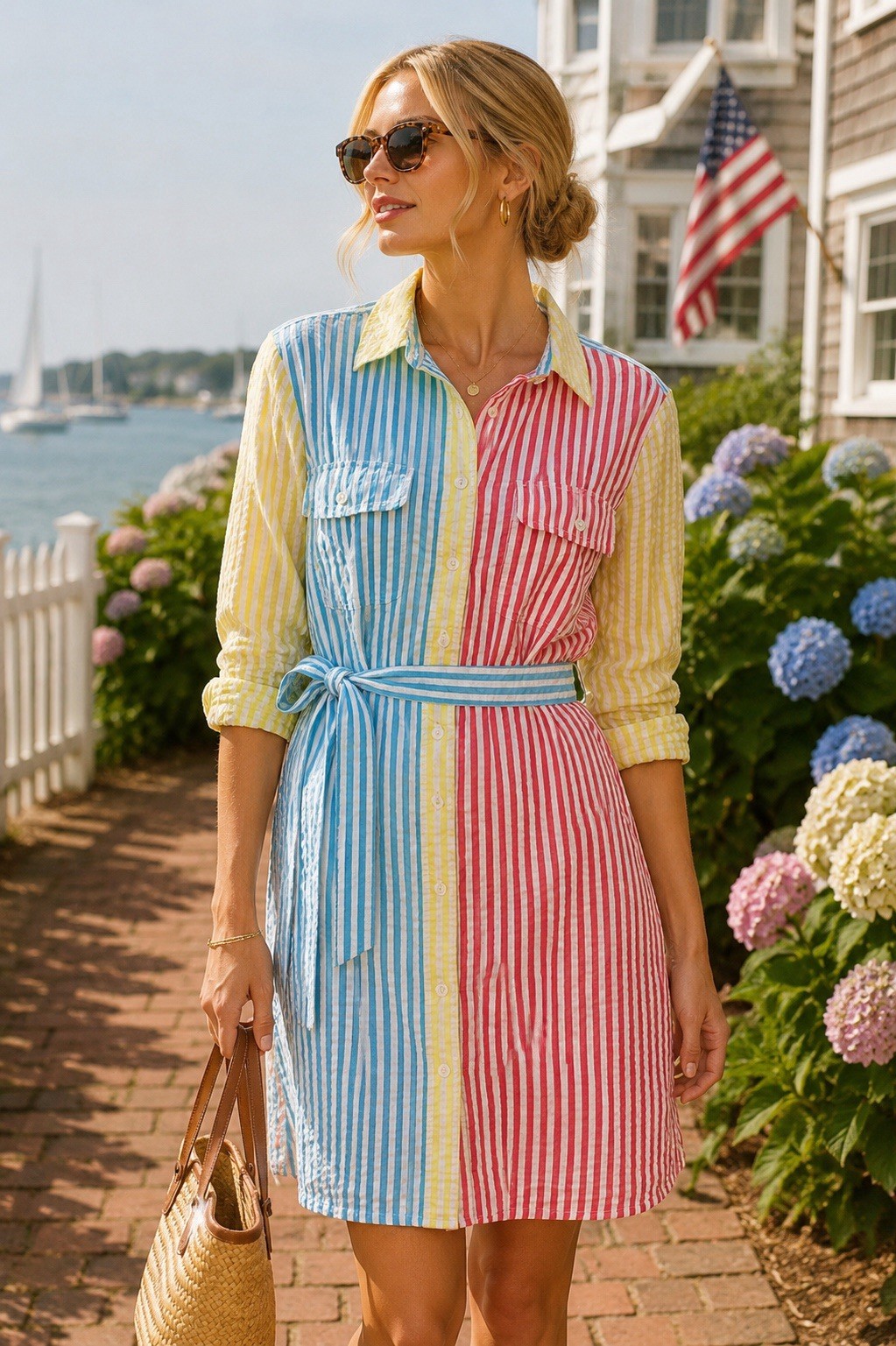 Lands End Women’s Multi Color Stripe Seersucker Shirt Dress Belted Cotton M