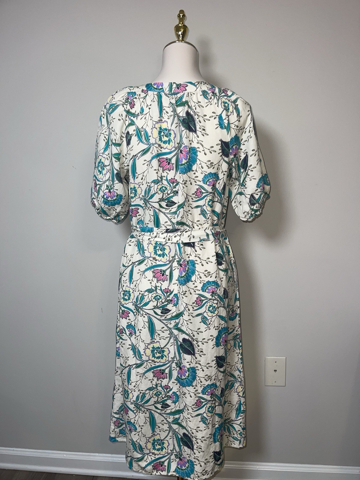 LOFT Ivory Floral Woven Cotton A-Line Dress XS Belted Button Front V-Neck