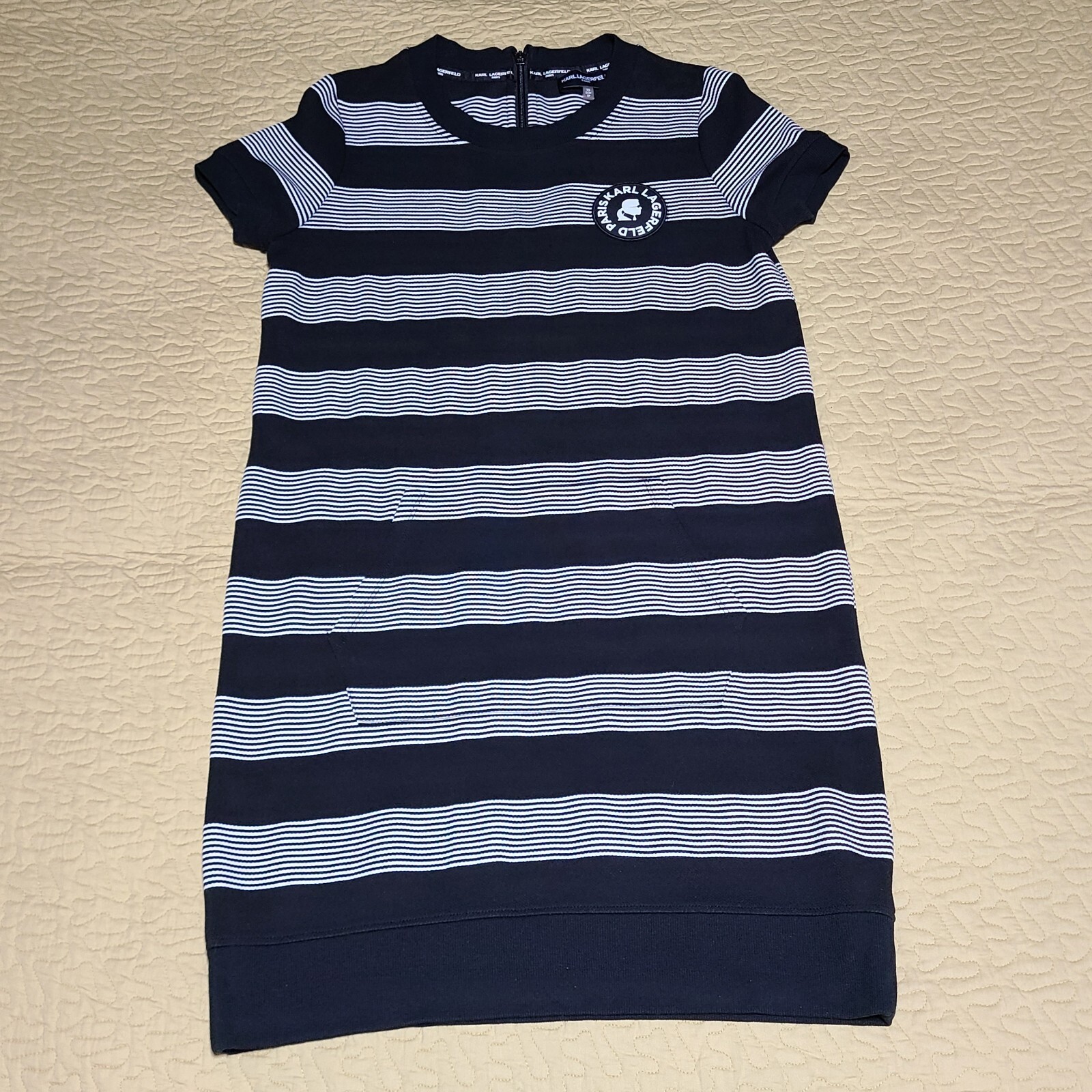 NWT Karl Lagerfeld Paris size xs Striped T-shirt Dress Pocket Zipper logo patch
