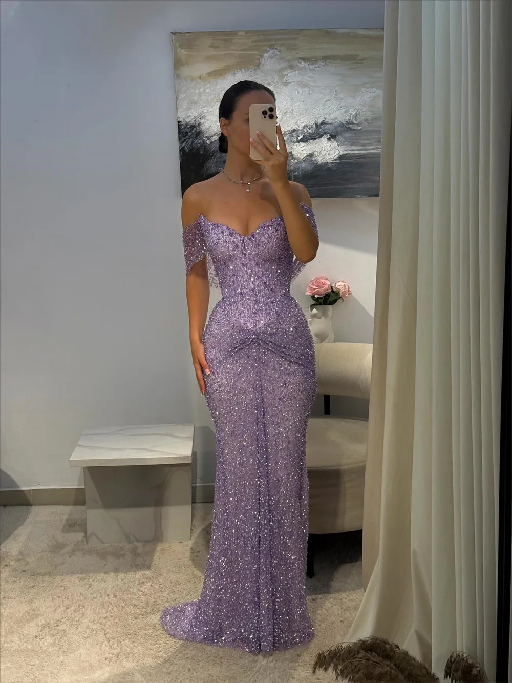Cathy Lilac Mermaid Formal Evening Prom Dress Off The Shoulder Floor-length