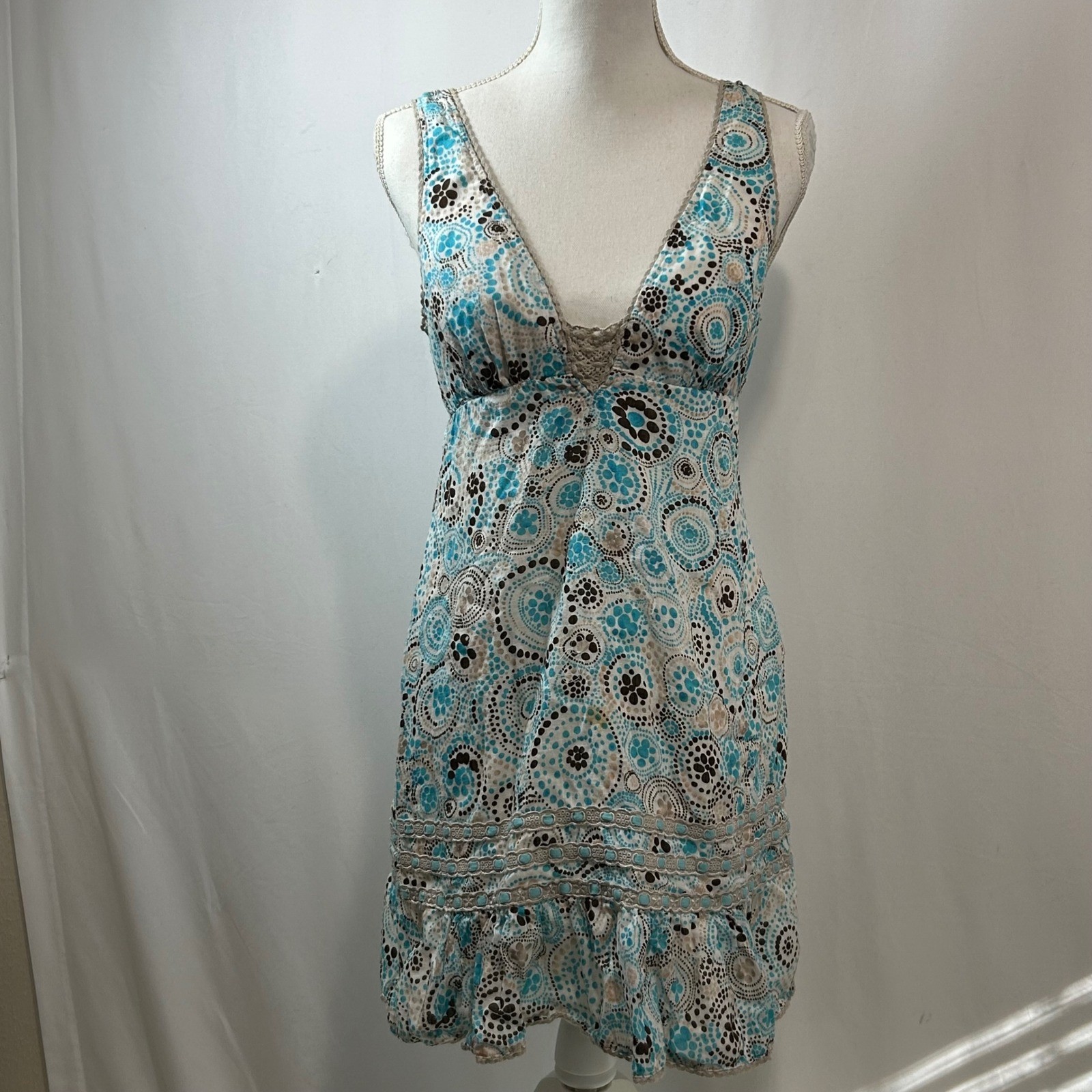 Free People Mini Dress Size 8 Blue Brown Floral Print Sleeveless Summer