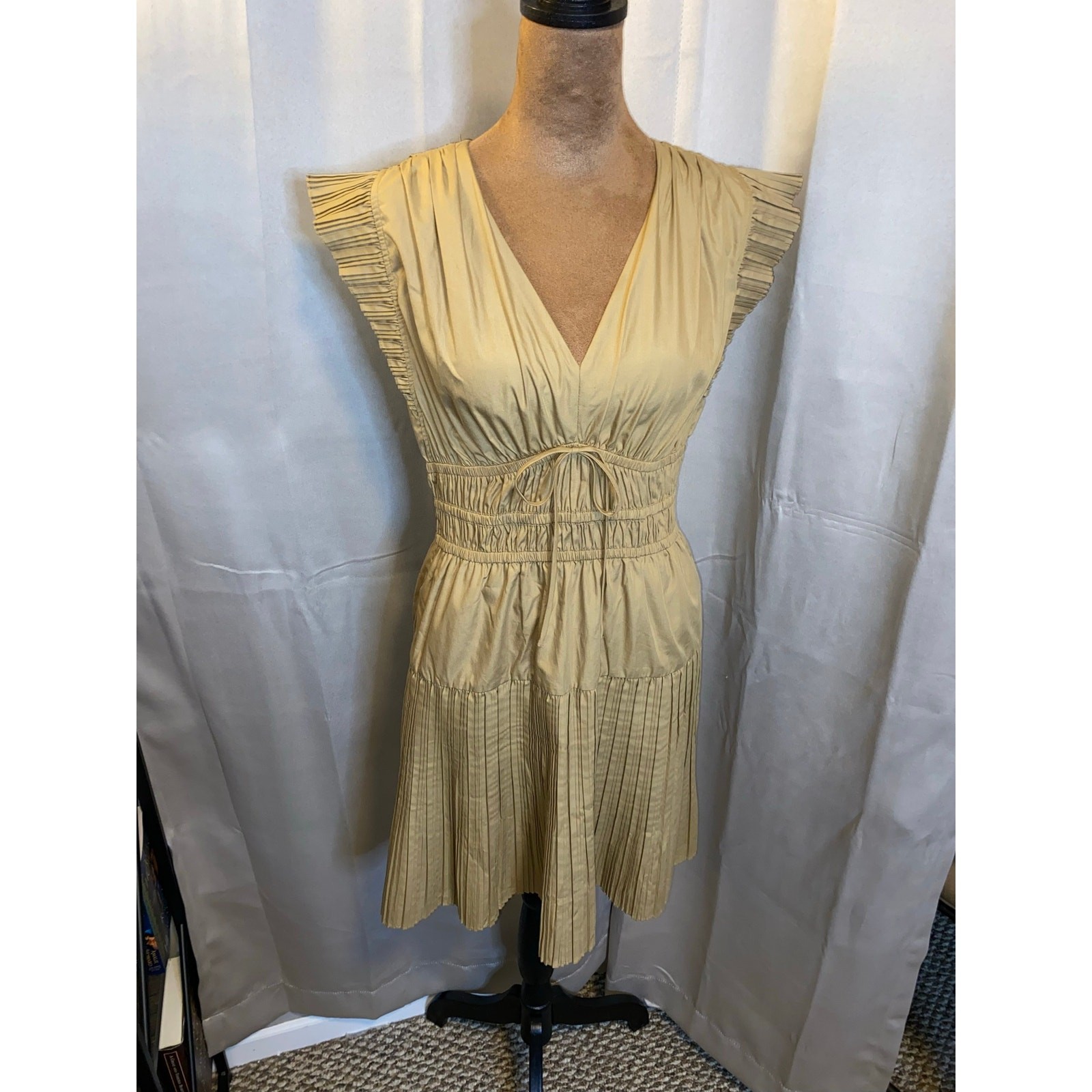 Current Air Los Angeles Anthropologie Dress S Tan Pleated Flutter Sleeve Smocked