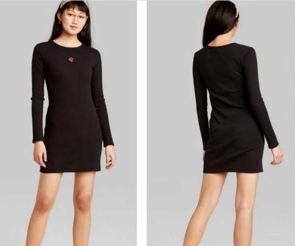 Wild Fable Size Medium Black Ribbed Rose Embroidered Jersey Knit Dress NWT