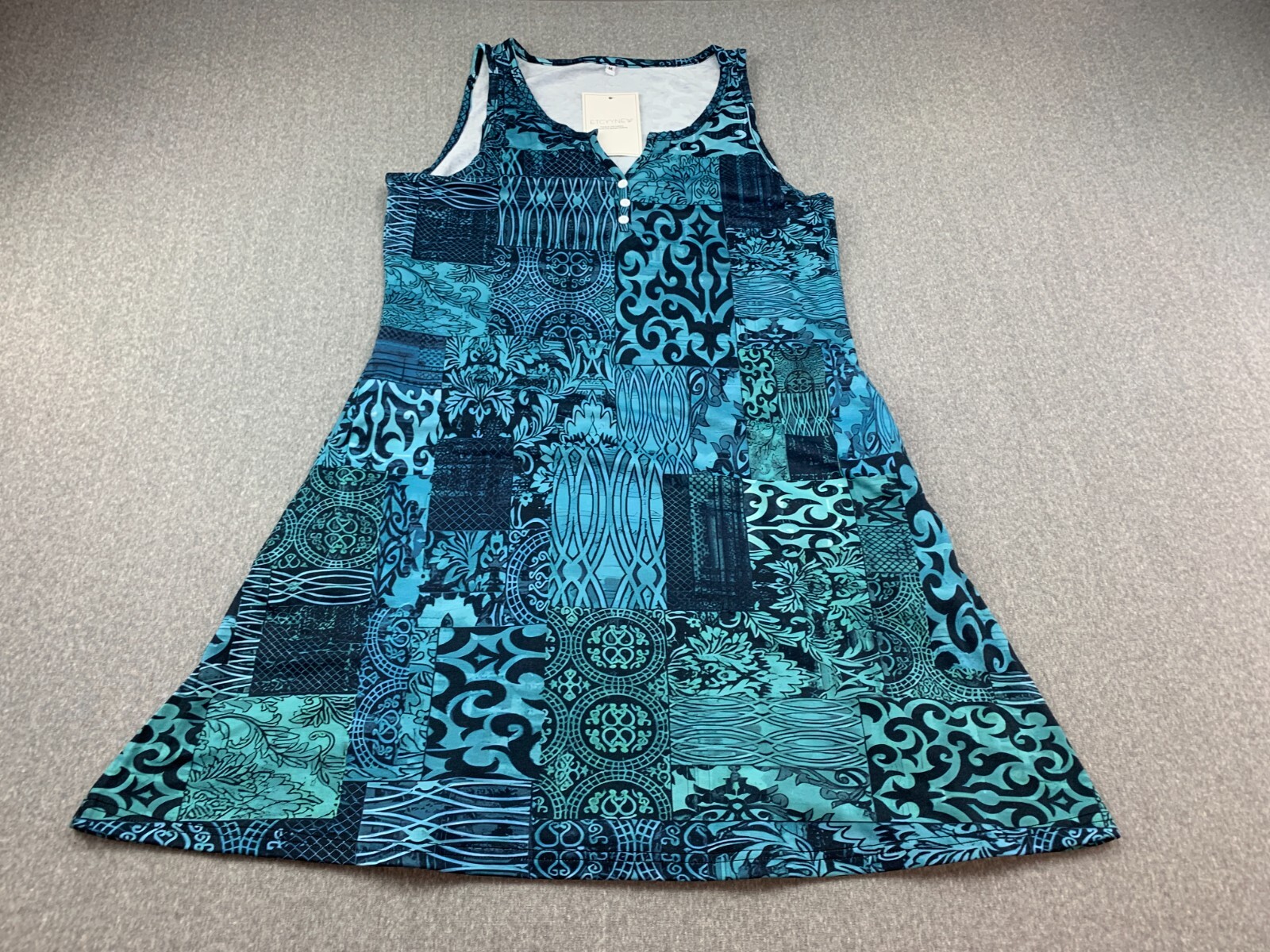 ETCYYNEW A-Line Tank Dress Womens Size Medium Blue Patchwork Print Resort Wear