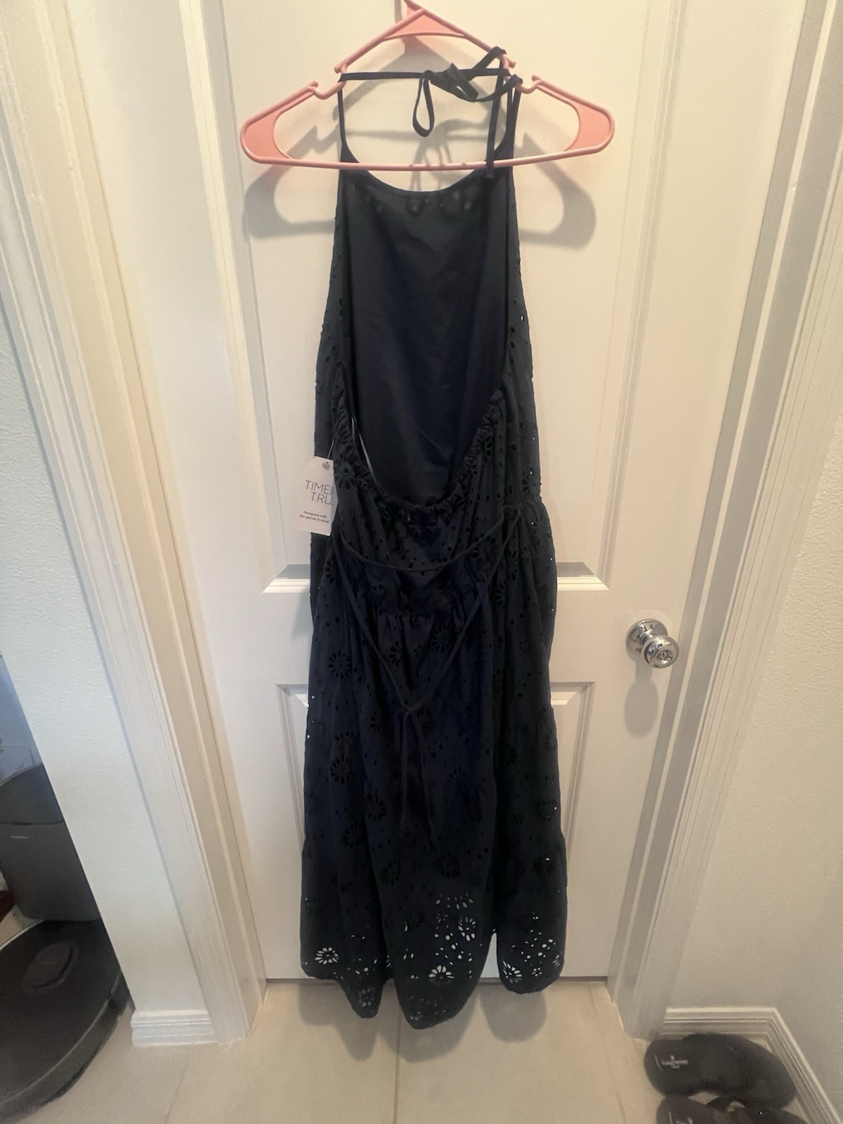 Time and Tru Navy Eyelet Halter Ruffle Midi Sundress Womens L (12-14)