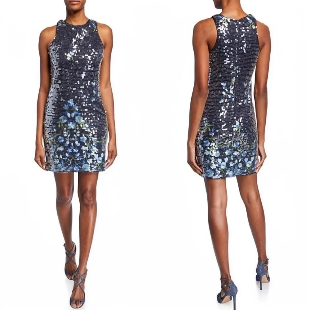 Aidan By Aidan Mattox Dusty Blue Floral Embroidered Sequin Dress Size 4 $245
