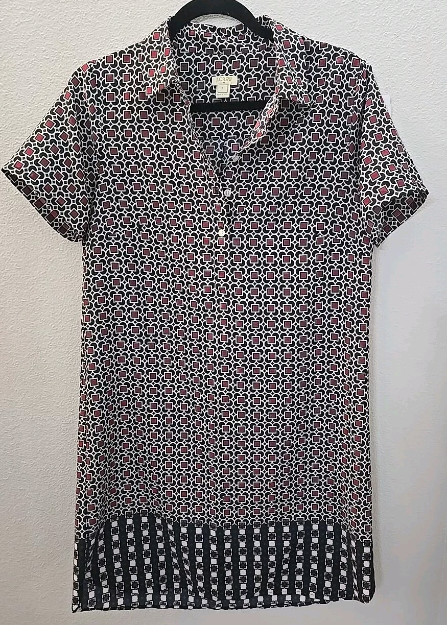 J. Crew Red Black Green Button Collared Short Sleeve Shirt Shift Dress Size 6