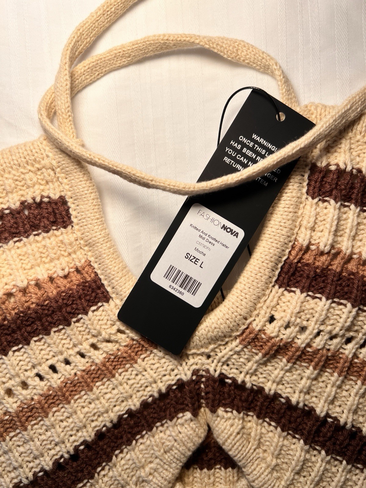 Fashion Nova Striped Knit Halter Cut-Out Bodycon Midi Dress Beige/Brown L
