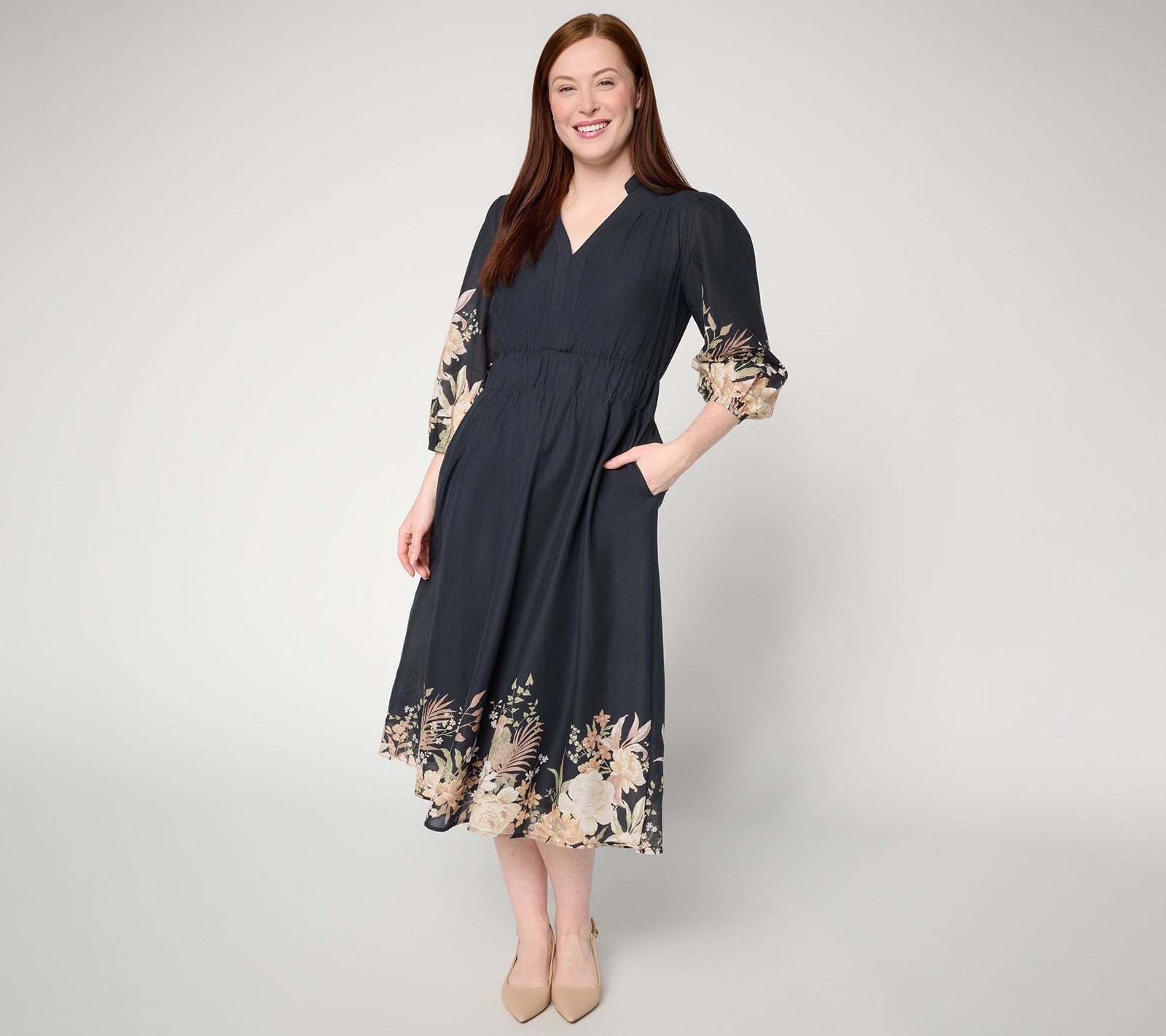 Ree by The Pioneer Woman Engineered Floral Print Midi Dress Jet Black L New