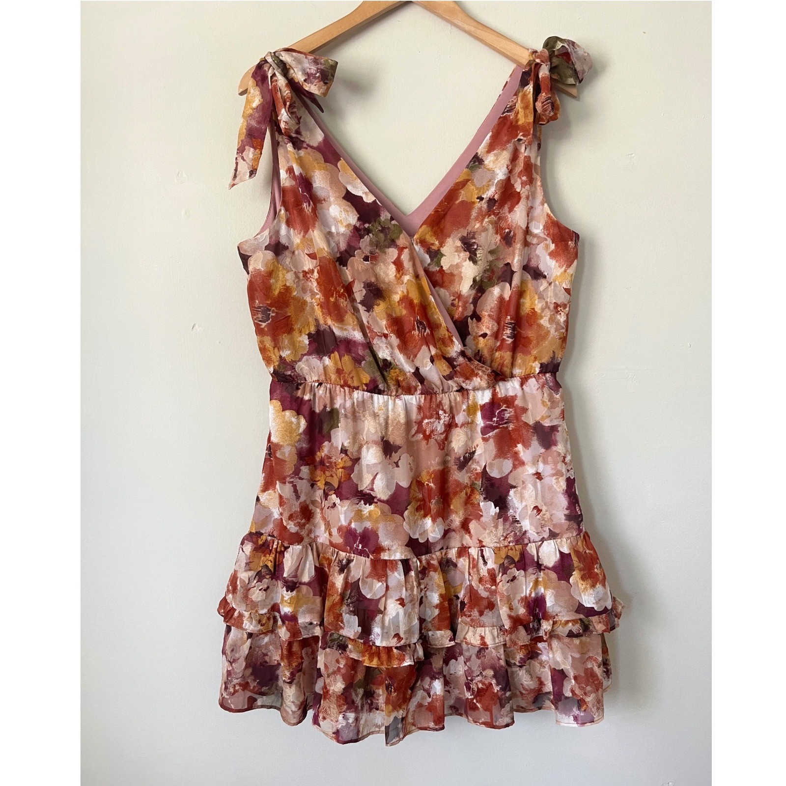 The General Good Floral Tie Shoulder Ruffle Mini Dress Orange Burgundy L boho