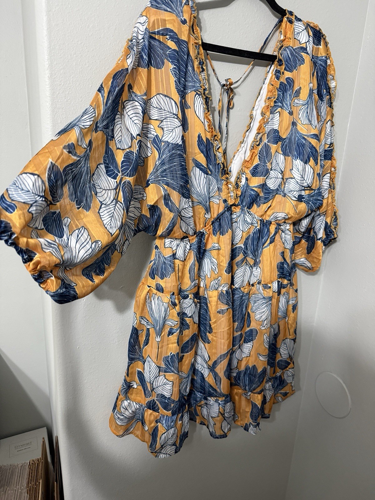 Tropical Floral V-Neck Flowy Sleeve Vacation Mini Dress Gold & Blue XL
