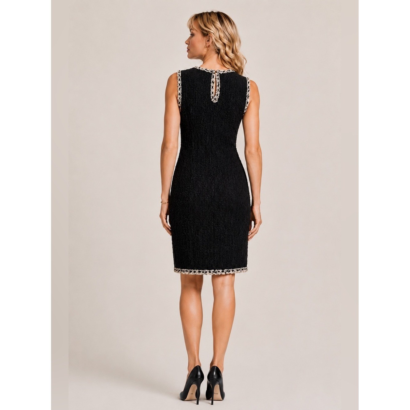 NWT Ellen Tracy Black Textured Bouclé Sheath Dress Silver Trim