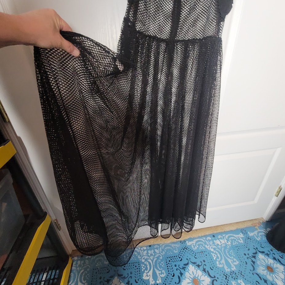 Good Time USA Black See-Thru Mesh Tiered Maxi Dress Womens Large Ruffle Sleeve