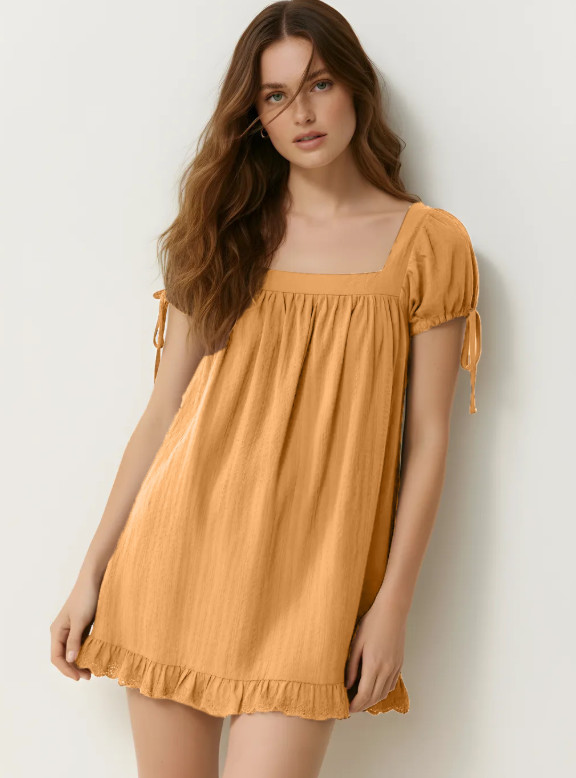 Ladies Summer Casual Square Neck Shirt Short Sleeve Tie Knot Ruffle Blouse Dress
