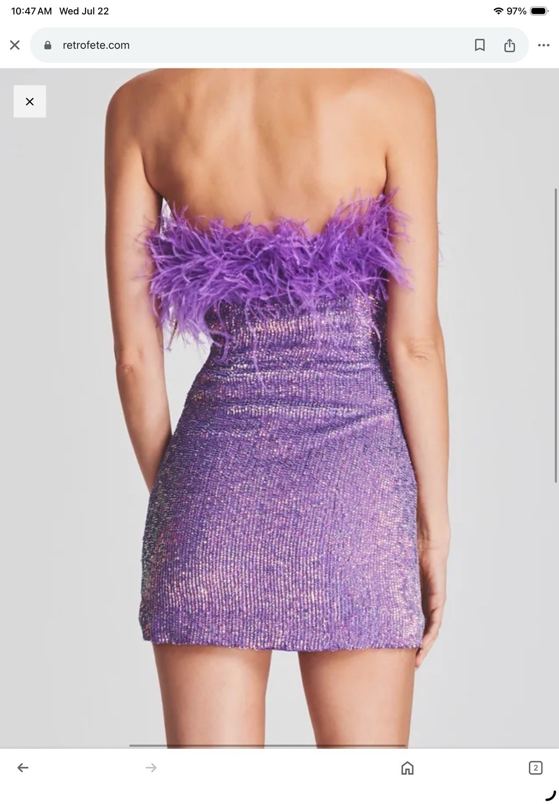 Retrofête Purple Sequin Feather Trim Strapless Mini Dress Women’s XS
