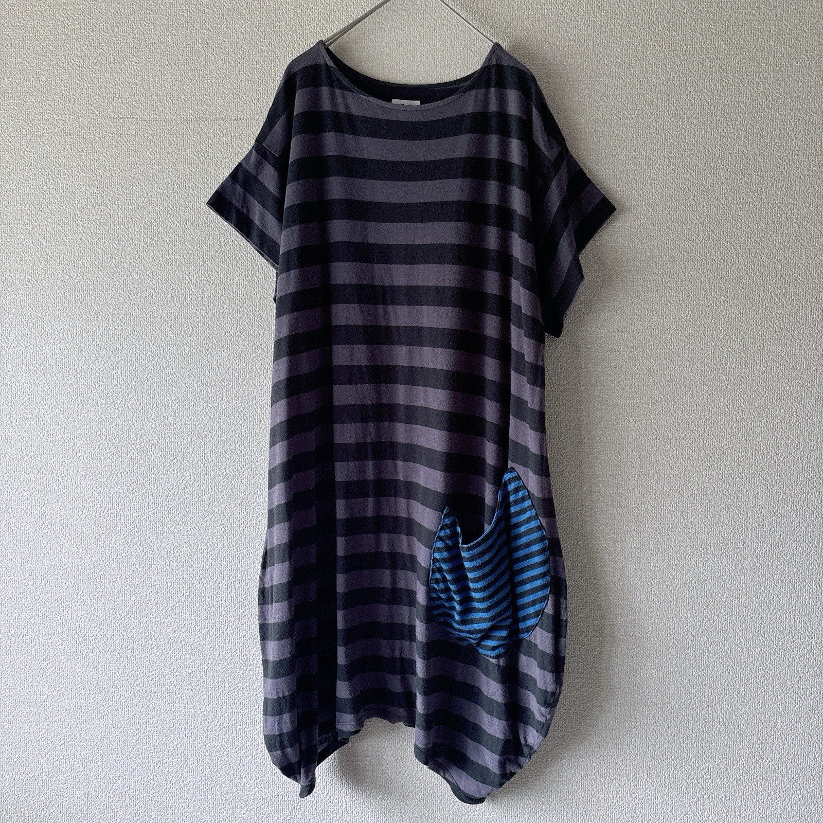 Tsumori Chisato Striped Dress Cat Ear Pocket Shift Cotton Rayon Gray