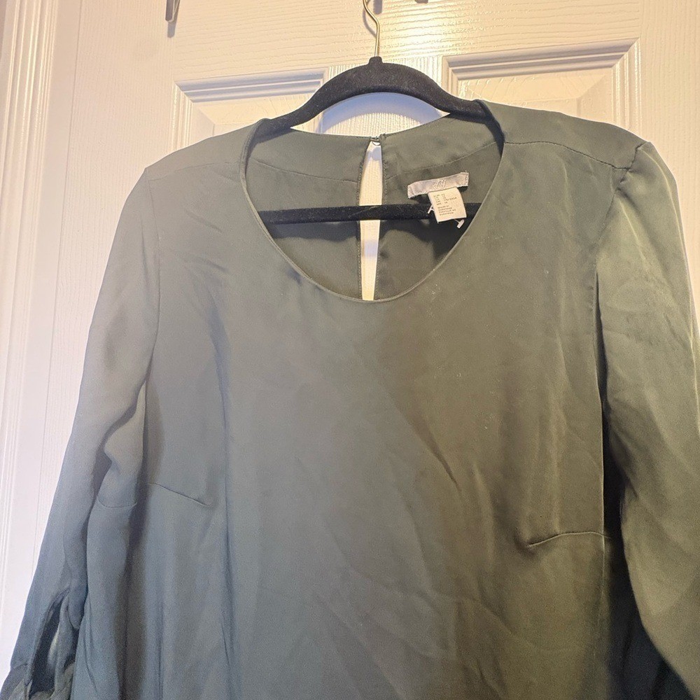 H&M Olive Green Long Sleeve Tie Cuff Shift Dress Size 14