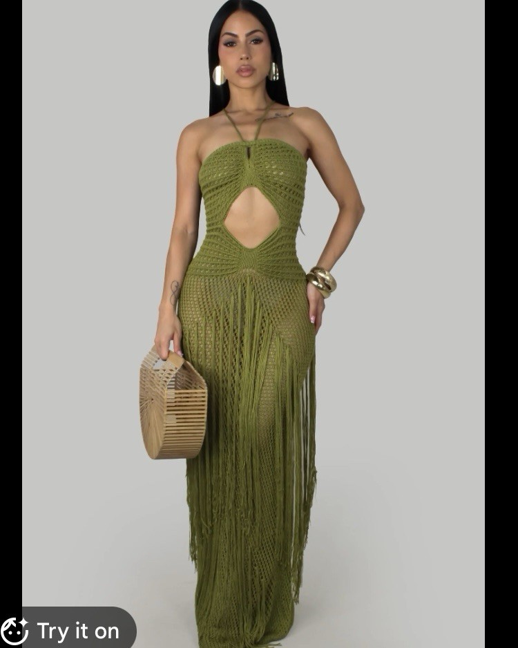 Olive Green Crochet Fringe Maxi Dress