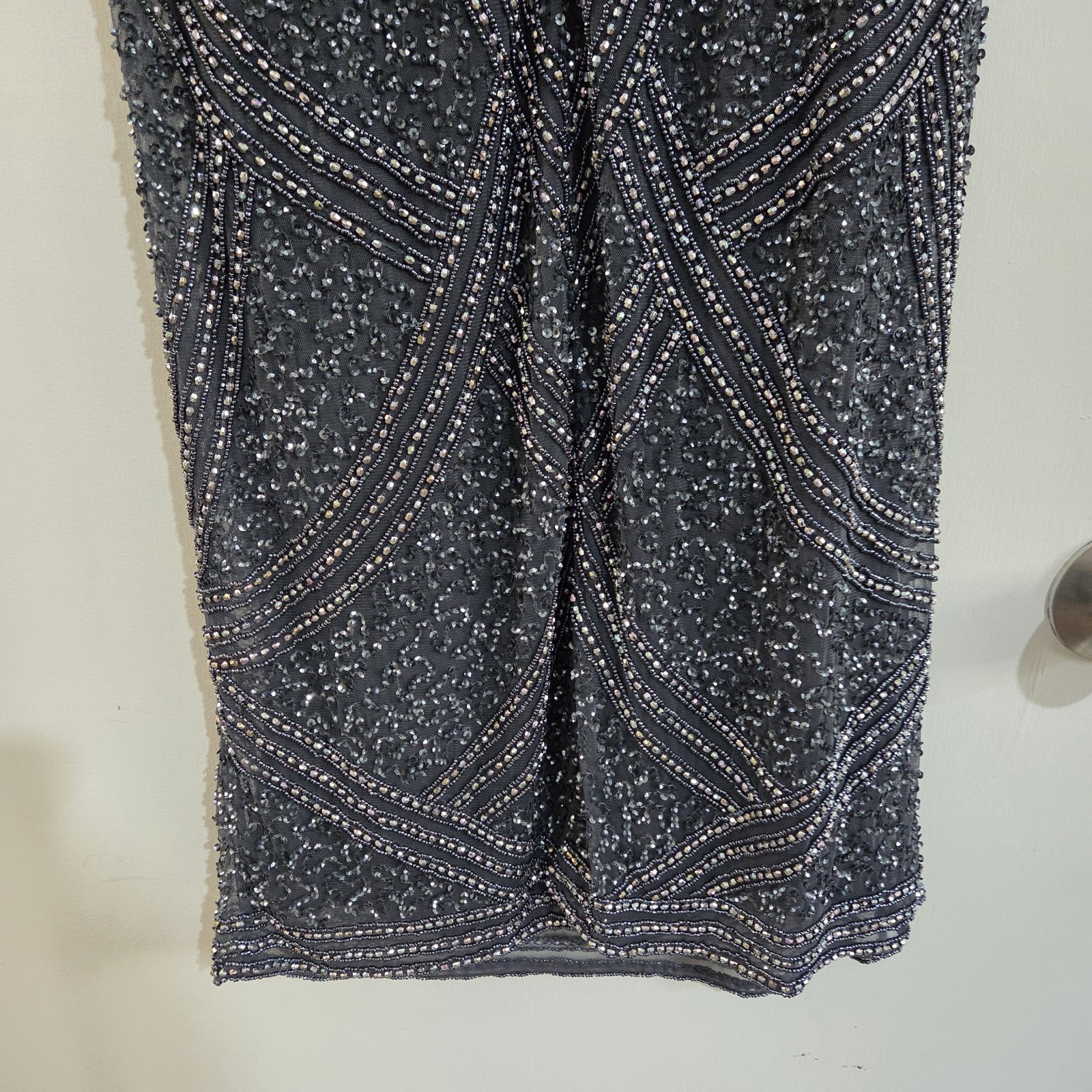 Pisarro Nights Size 8 Beaded Short Sleeve Midi Dress Slate Blue NWOT