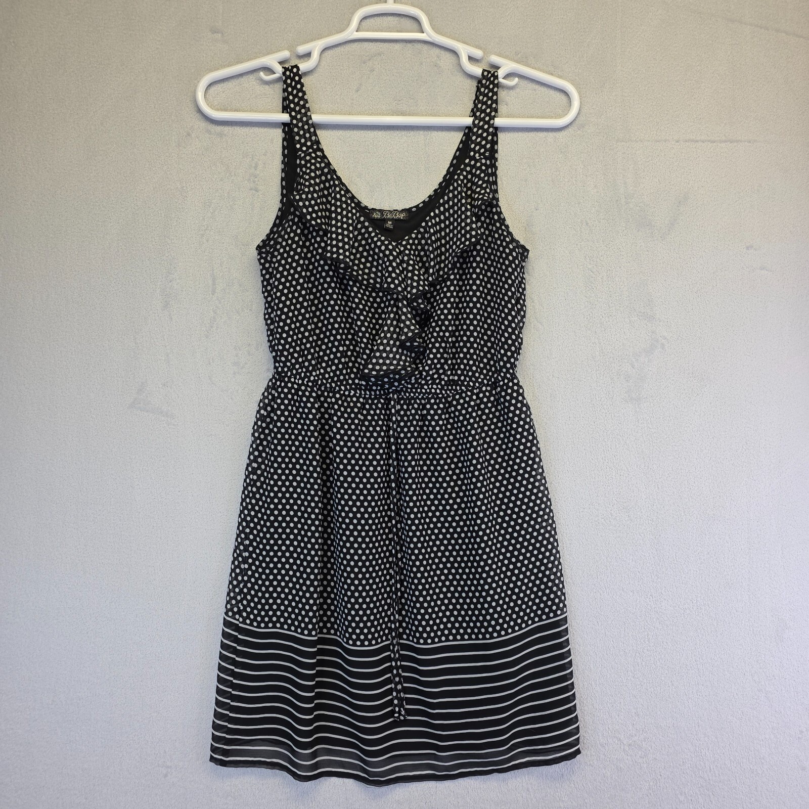 BeBop Dress Junior M Black Ruffle Waist Tie Chiffon Polka Dot Sailor Whimsigoth