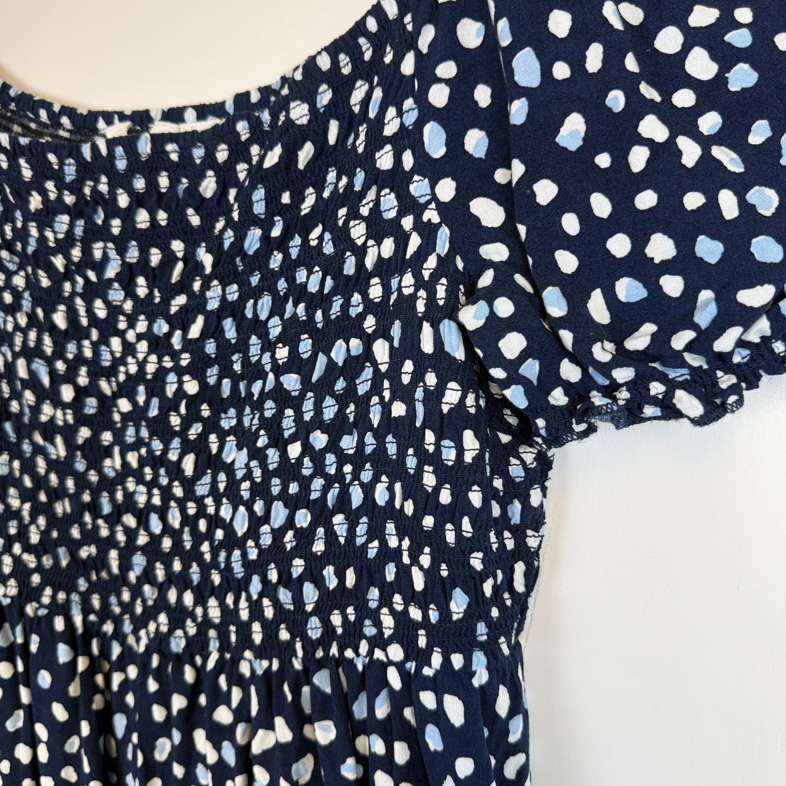 Roxy Spotty Smocked Mini Cap Sleeve Blue Dress – L