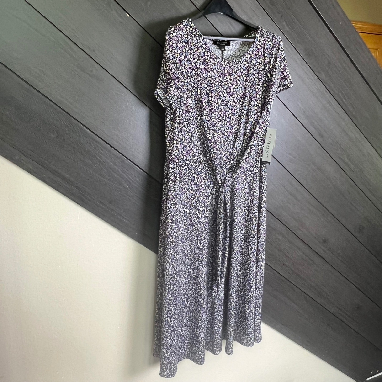 Perceptions New York Women Floral Tie Front Midi Dress Purple Short Sleeve NWT L
