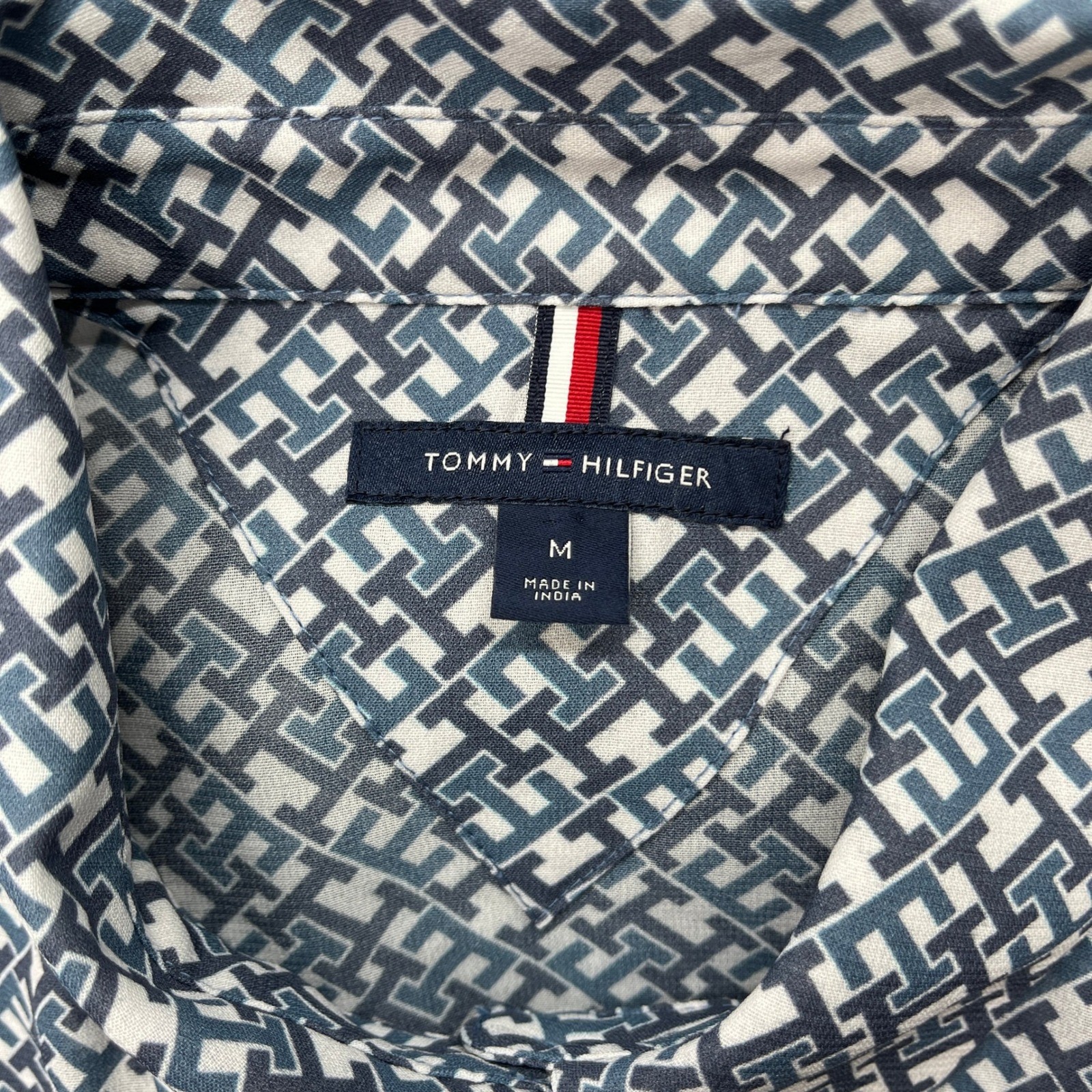 Tommy Hilfiger Blue Monogram Button Front Midi Dress Size M Preppy Workwear