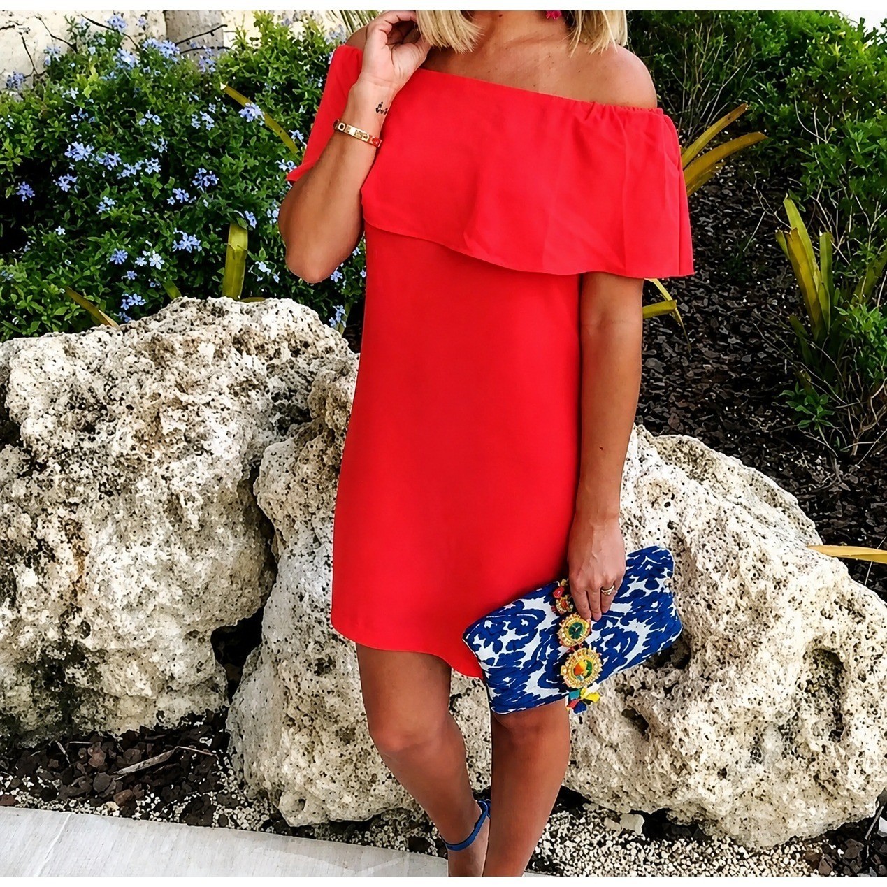 NWT Charles Henry Off Shoulder Dress Womens M Red Crepe Flounce Party
