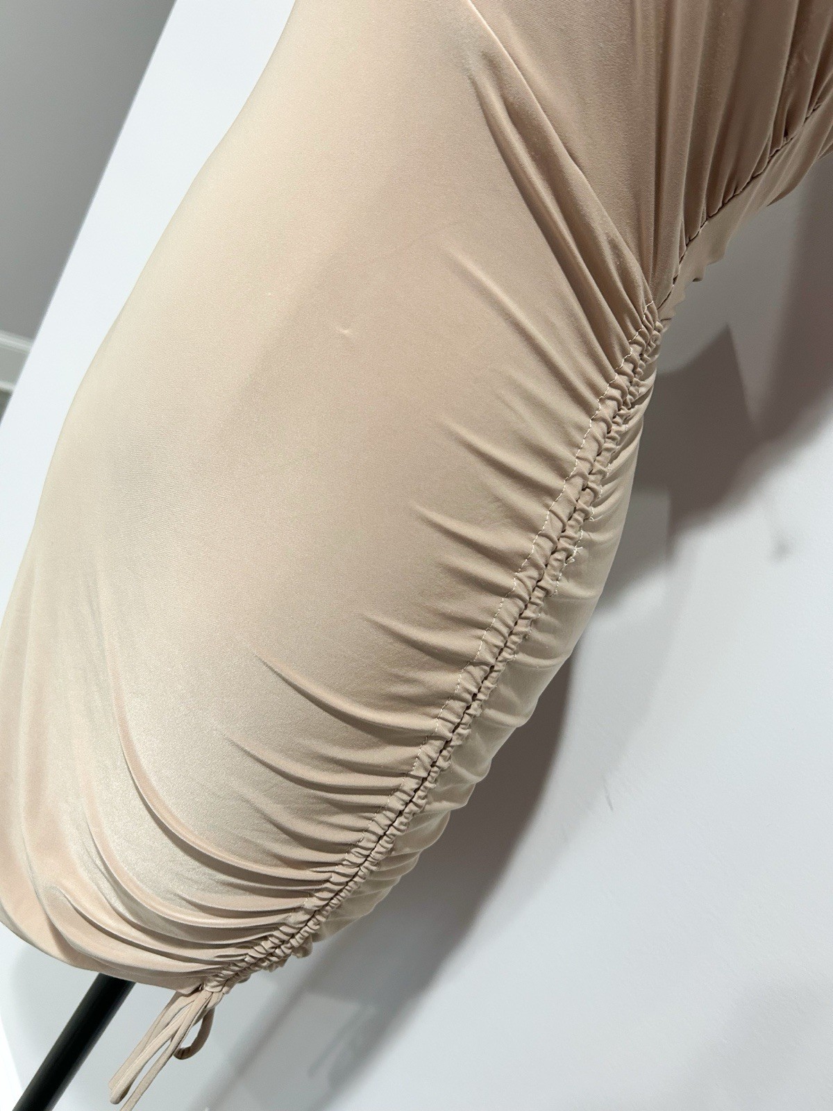 Saint Beige Solid Halter Ruched Stretch Bodycon Midi Dress M Mesh Poly/Spandex