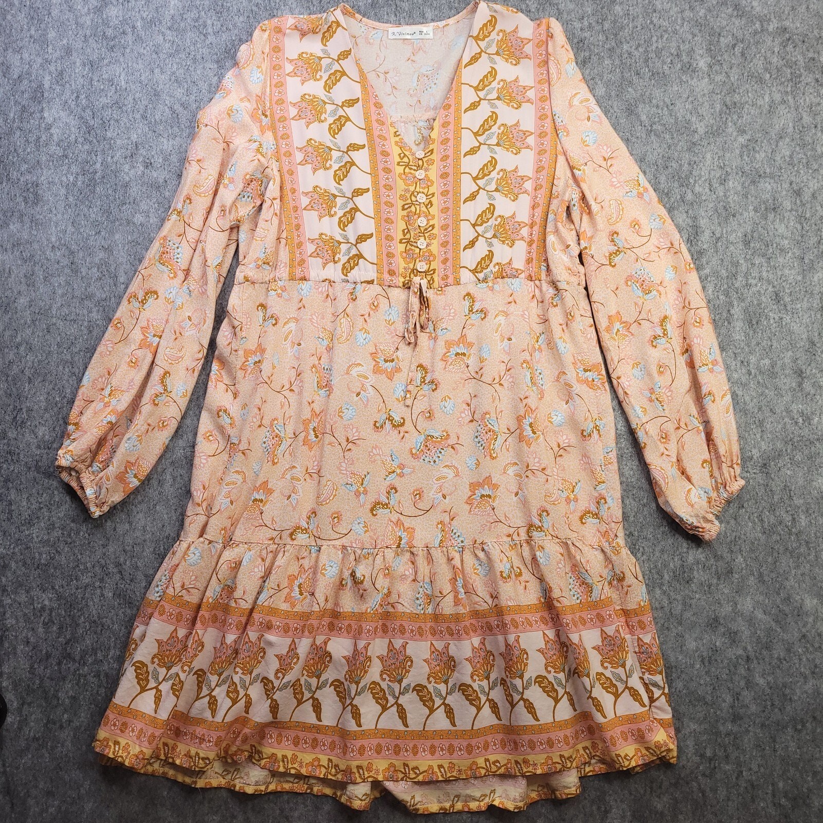 Women Dress Large Midi Romantic Boho Orange Balloon Sleeve Cottagecore