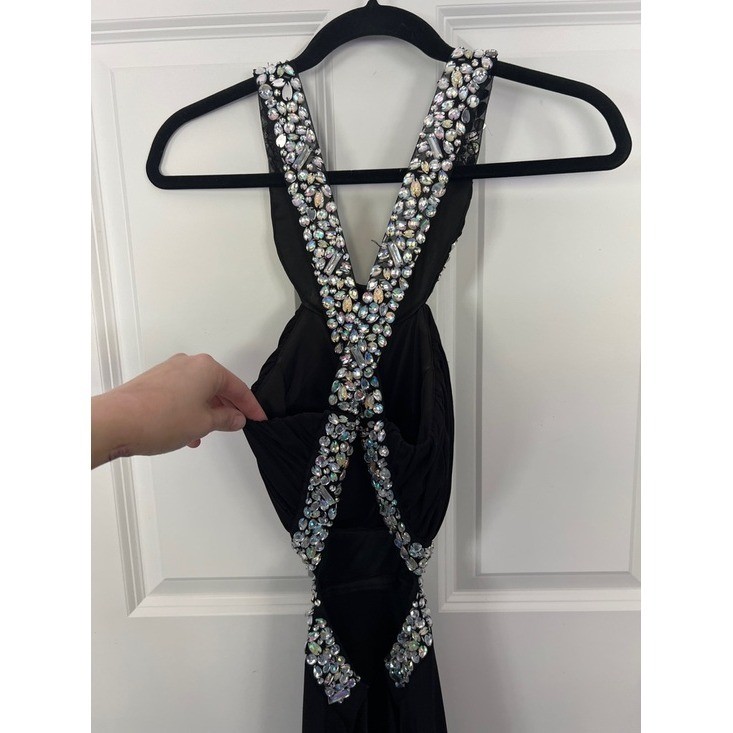 Deb Black Rhinestone Embellished Halter Formal Gown Prom Dress Open Back Size 9