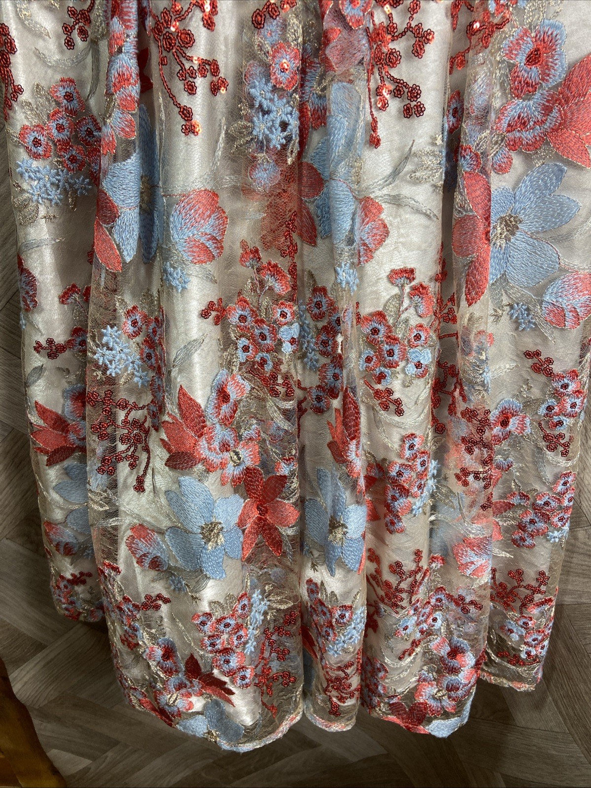 Tahari by Arthur S Levine Flared Dress Blue/Red Floral Embroidery/Sequin Size 14