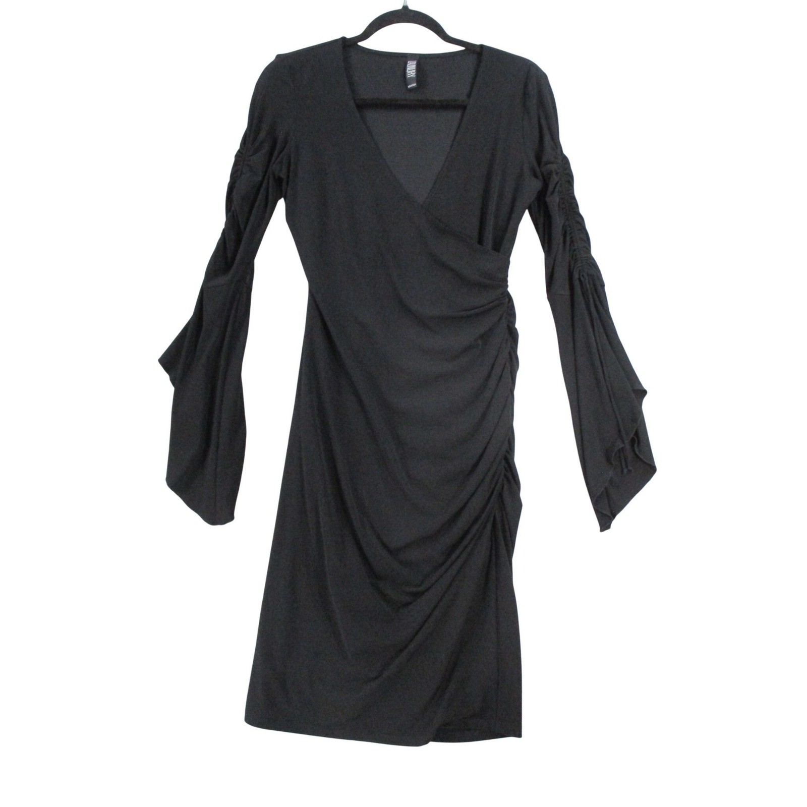 Laundry by Shelli Segal Black Ruched Wrap Whichy Goth Midi Dress Long Sleeve 4