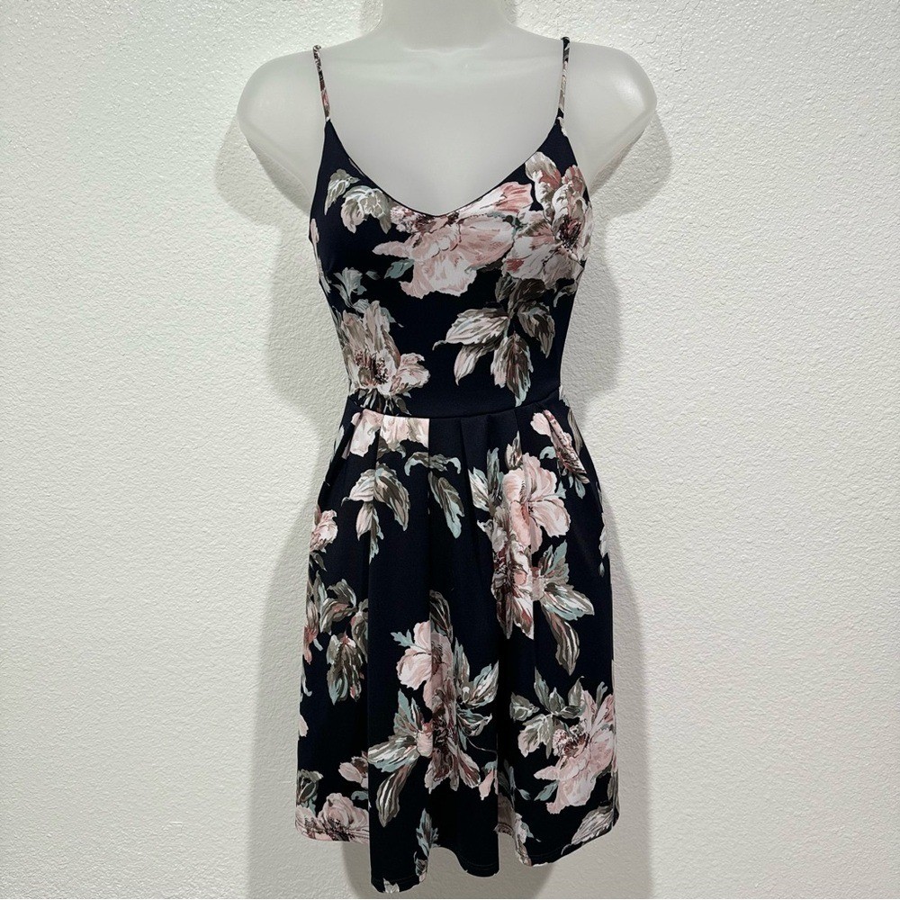 soprano black floral print cami spaghetti strap a line fit & flare dress