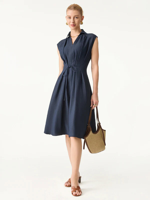 OGL – Viscose-Linen Collared V-neck Midi Dress with Drawstring