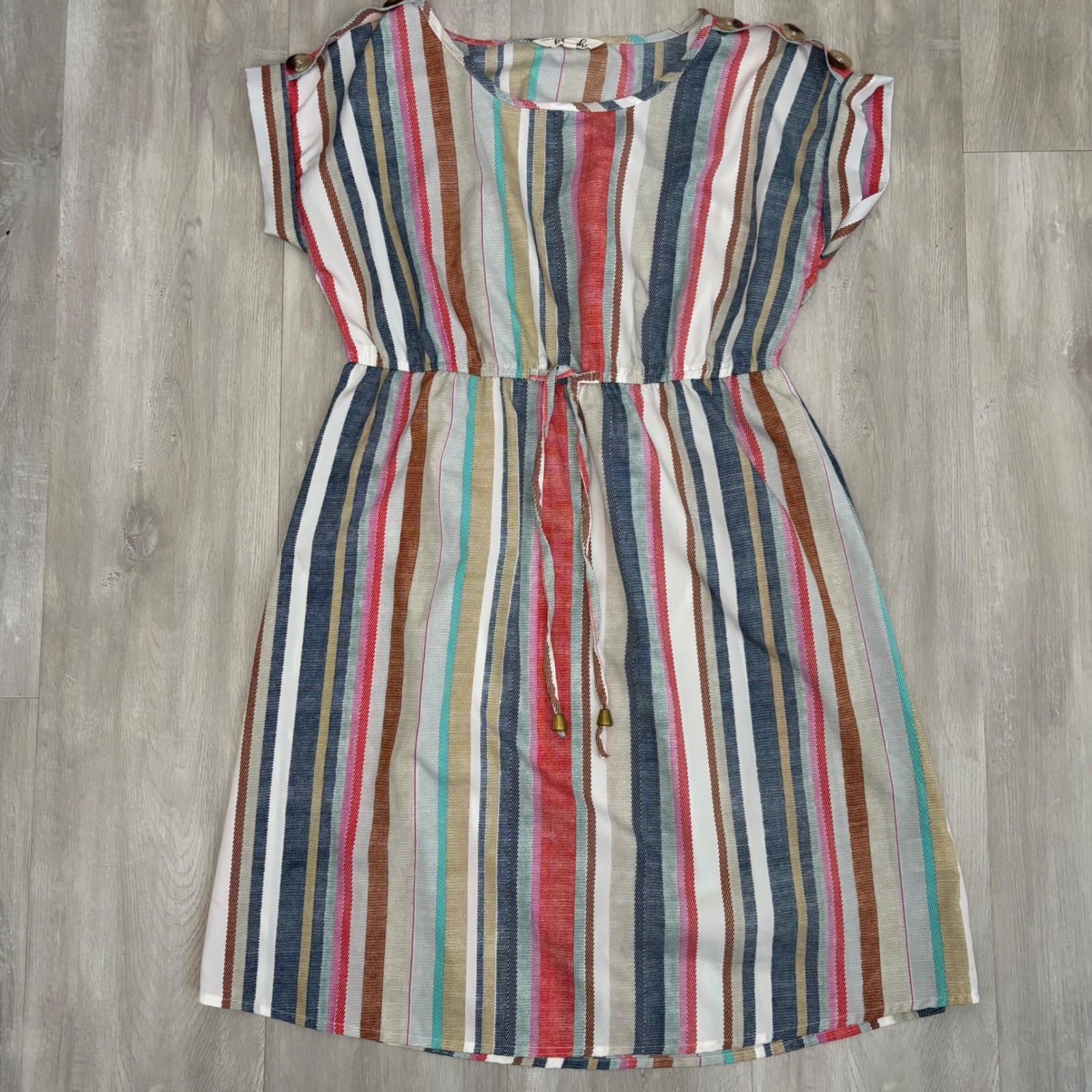 Hint of Blush Multi Color Striped Lightweight Drawstring Waist Mini Dress Small