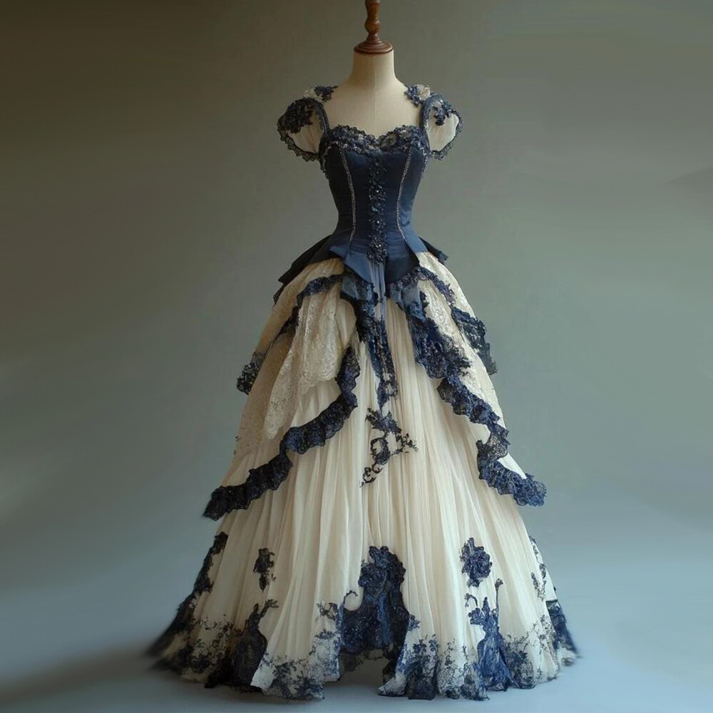 Blue And Ivory Victorian Lace Ball Gown Gothic Prom Dresses Cosplay